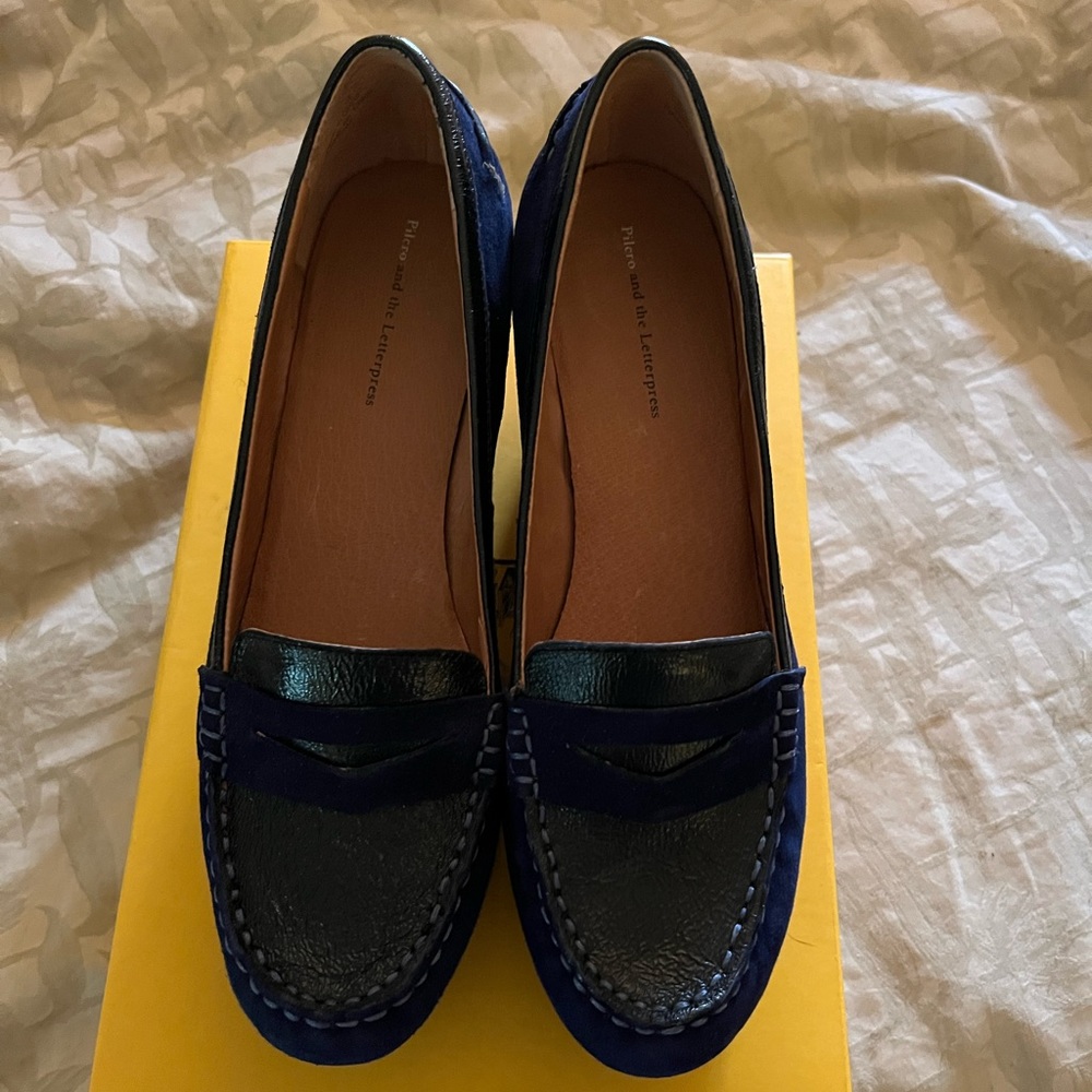 Pilcro navy suede with cognac suede wedge loafers